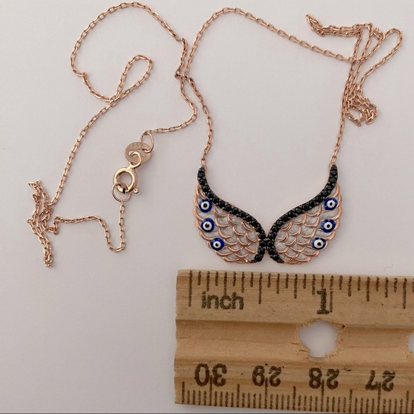 925 Silver angel wings necklace evil eye black cz - Picture 4 of 4